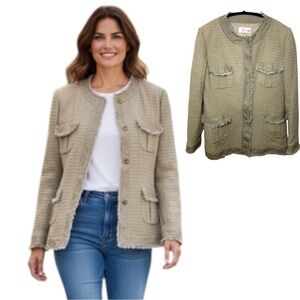 Gossip Green Tan Tweed Frayed Blazer Jacket Buttons Up Sz 48 *Real M-L Italy